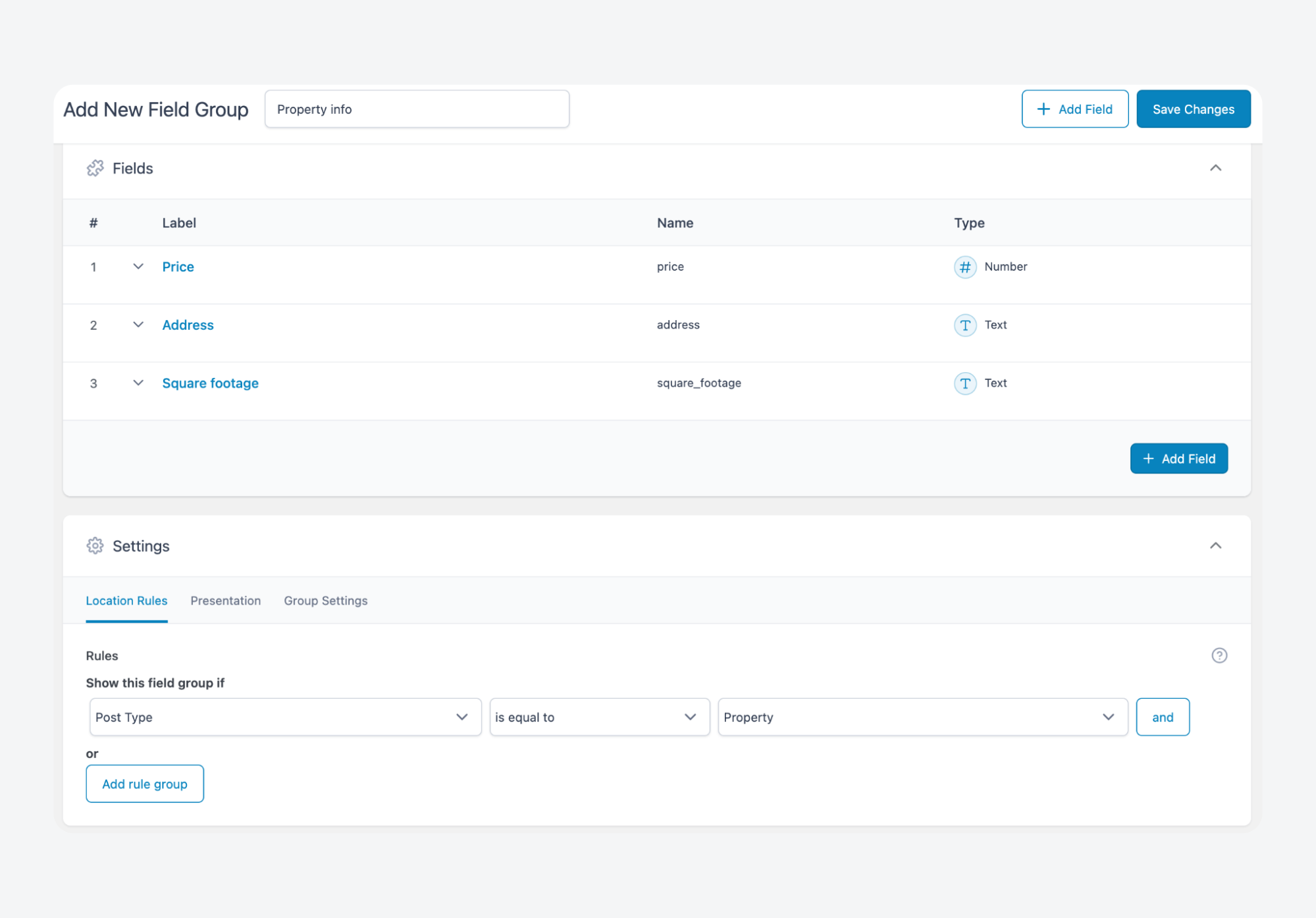 ACF location rules for property CPT