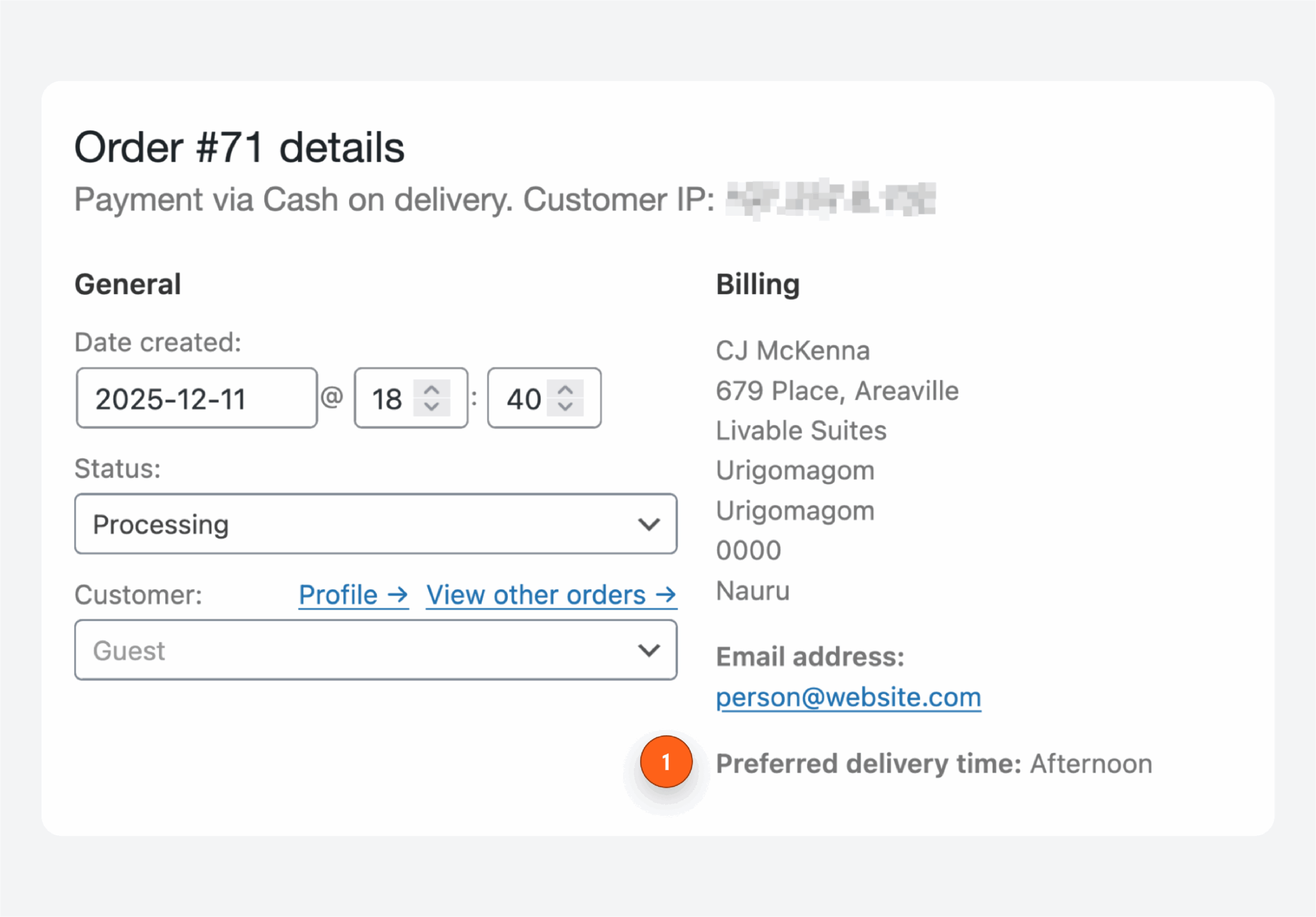 ACF custom field data for preferred delivery time on the admin order screen