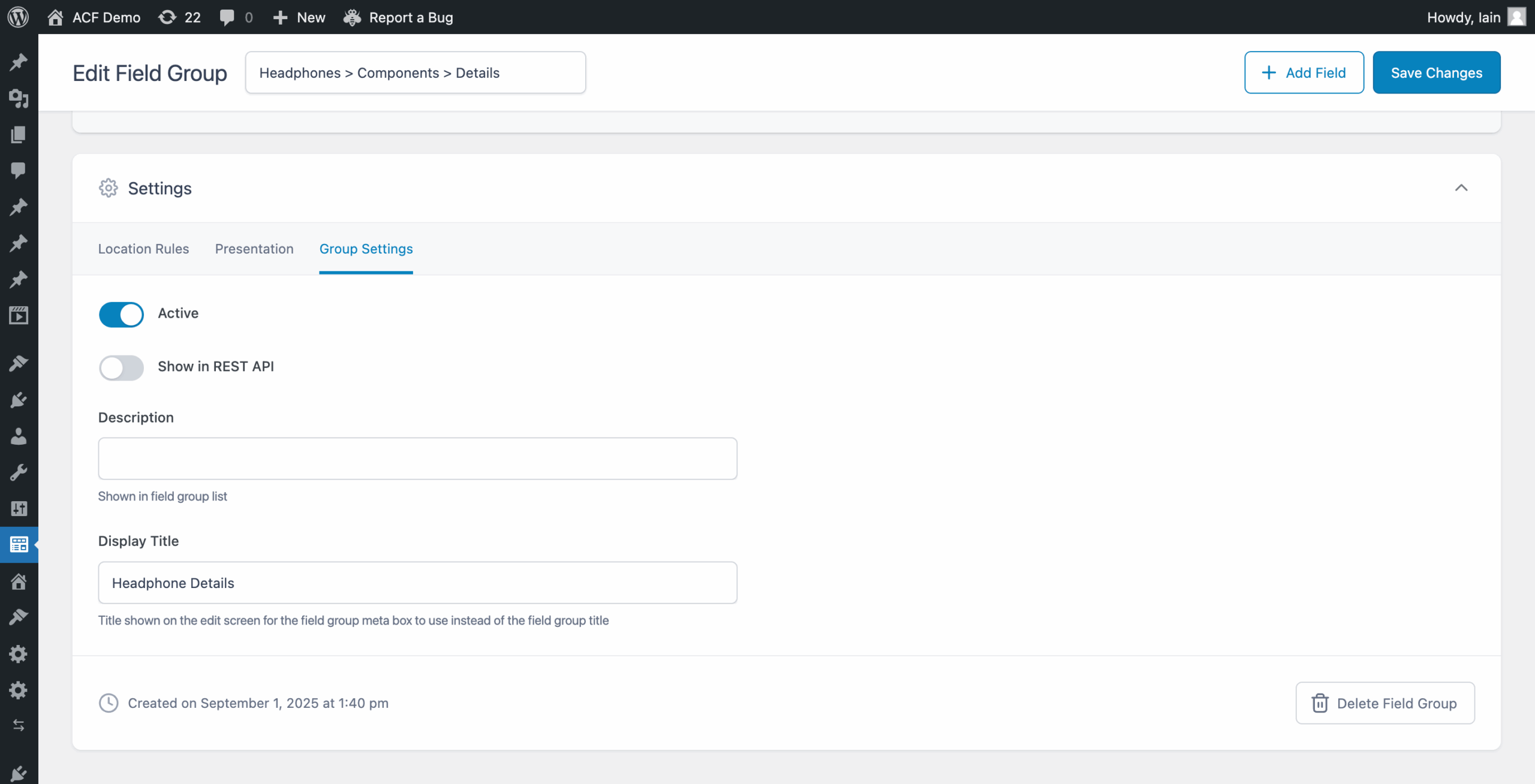 ACF Field Group Display Title setting