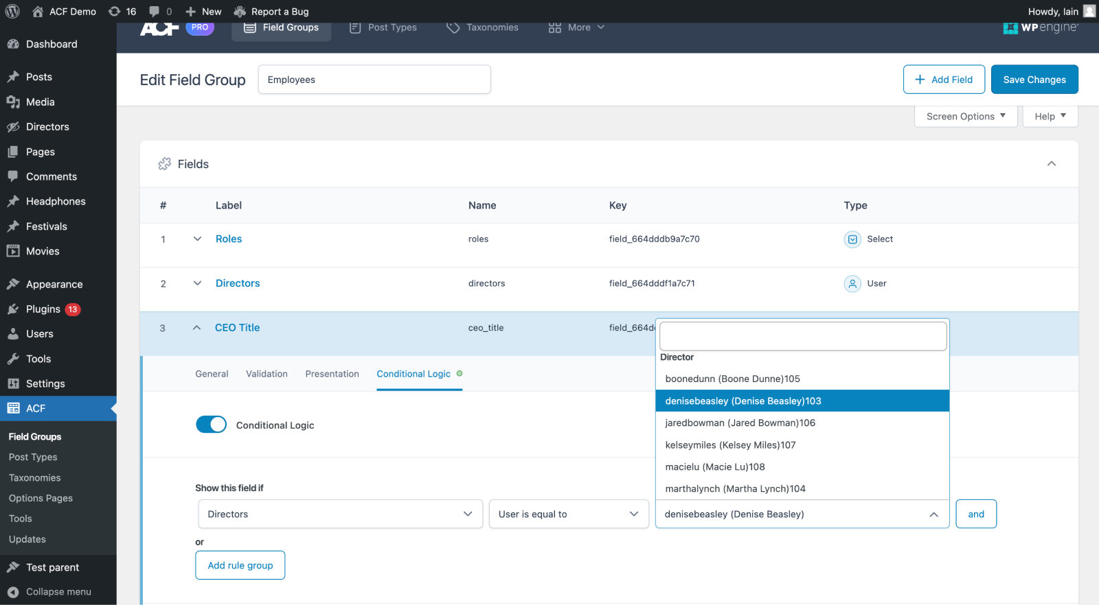 Selecting a user for conditional logic field rules - after