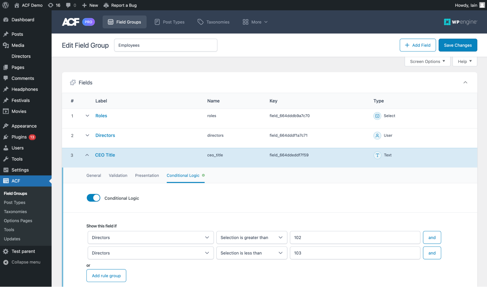 Selecting a user for conditional logic field rules - before.