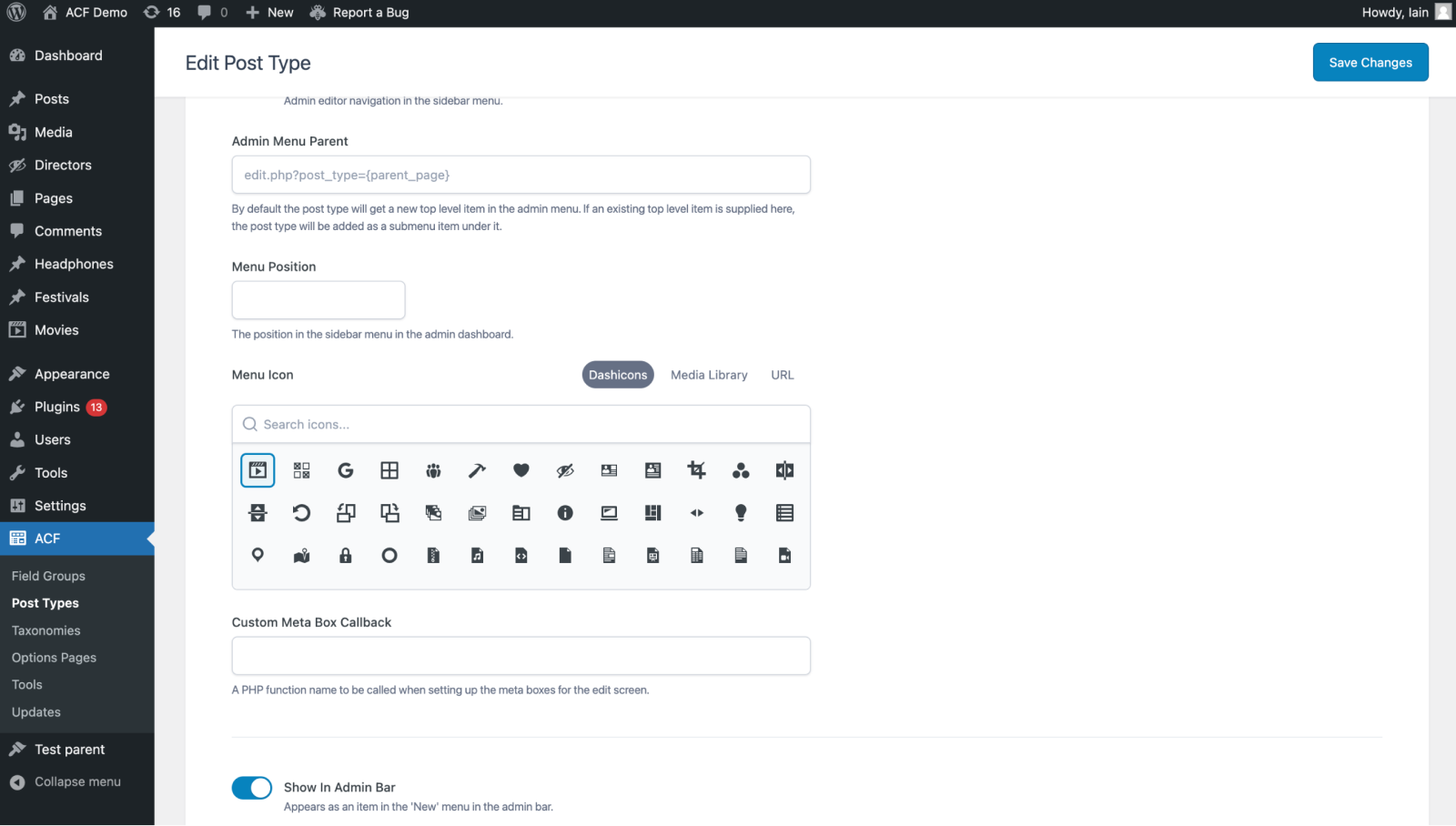 Custom Post Type admin menu icon setting with new icon picker