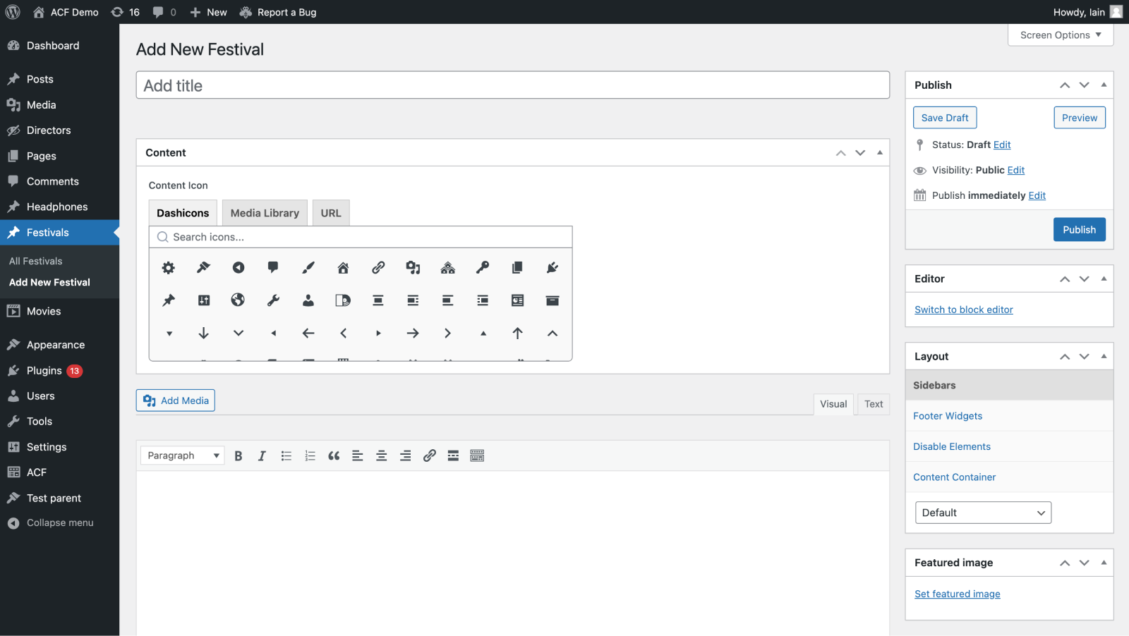 A view of the Icon Picker field in the WordPress admin. 