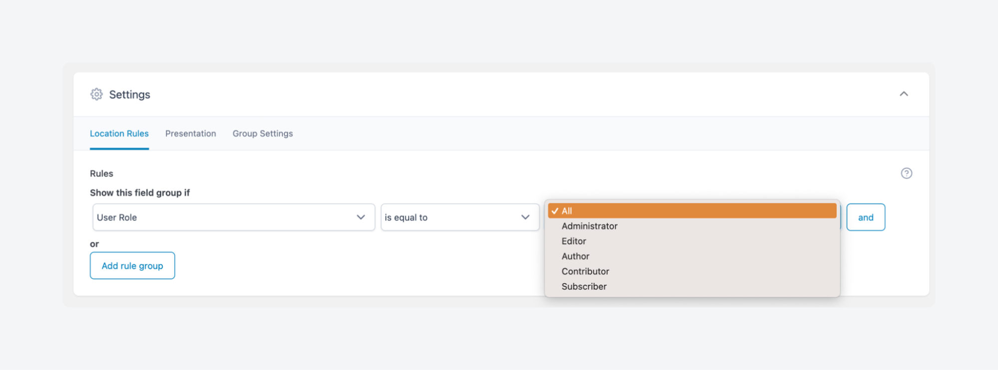ACF location rules by user role