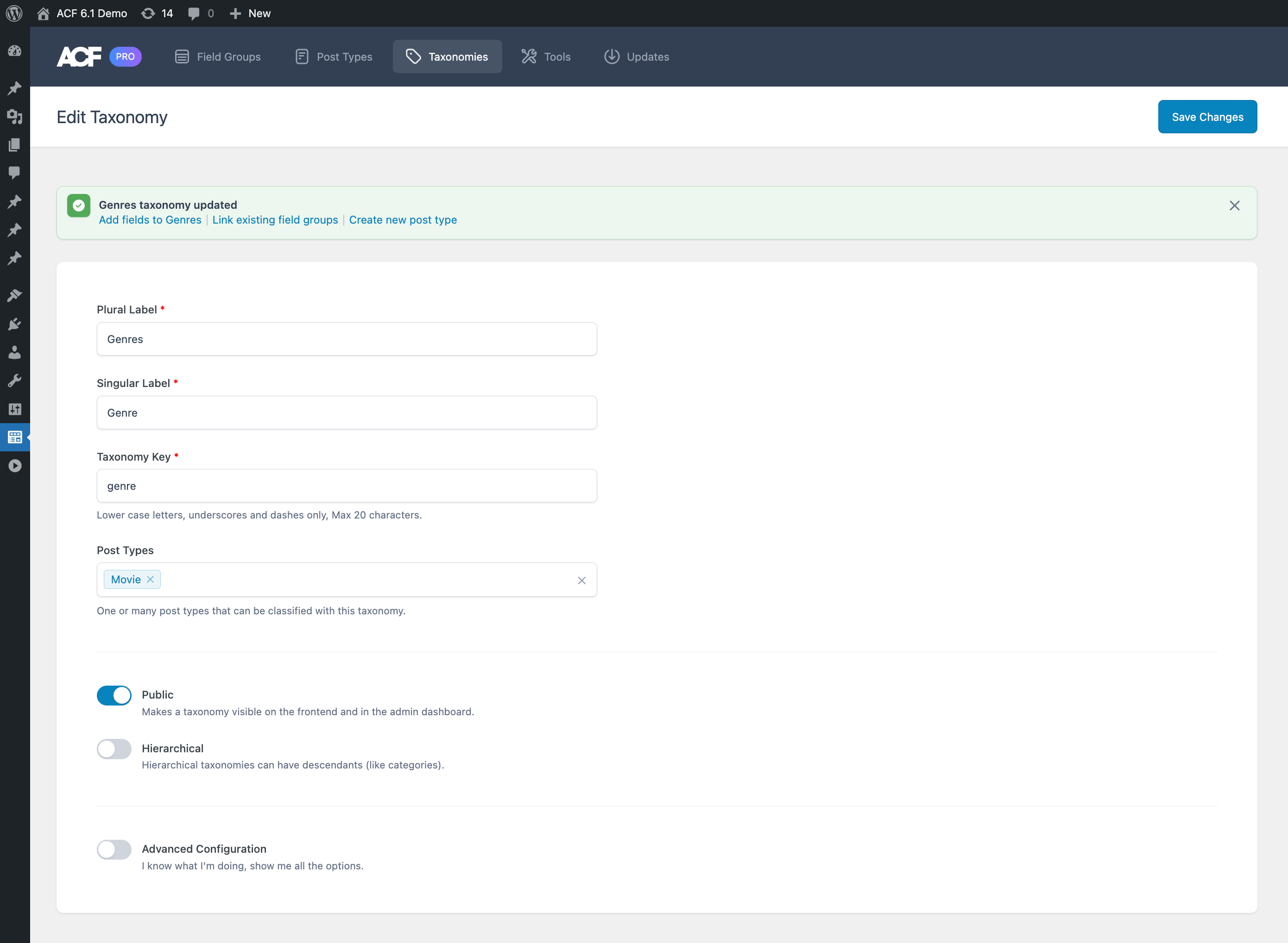The next steps after saving a taxonomy with ACF.