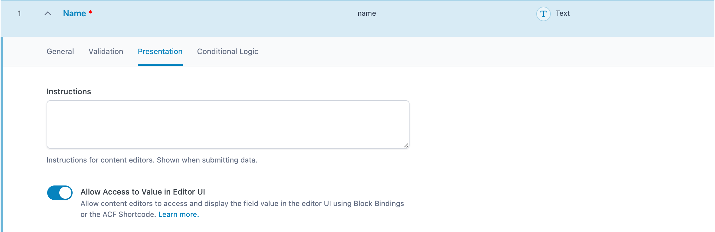 An example screenshot showing the new setting for exposing fields in editor UI features
