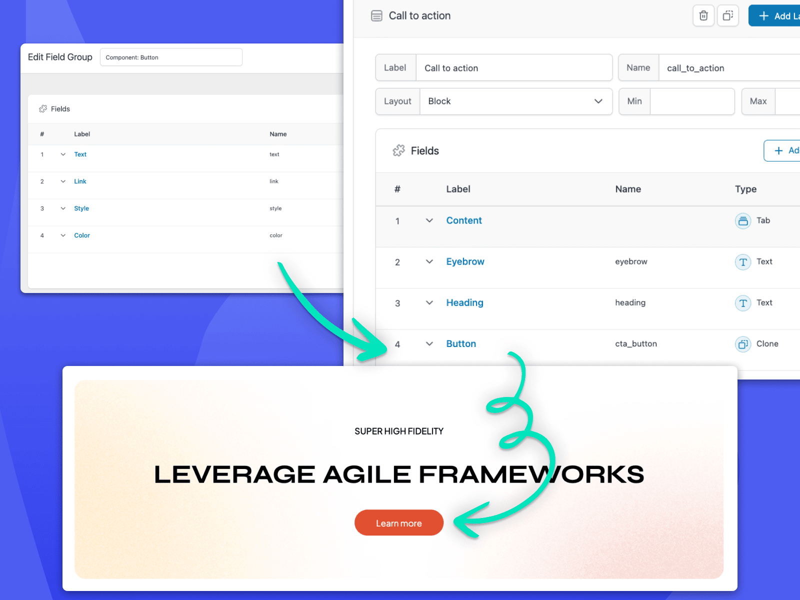 A visual representation of the workflow for using the Clone field to replace buttons previously created with the Flexible Content field. 