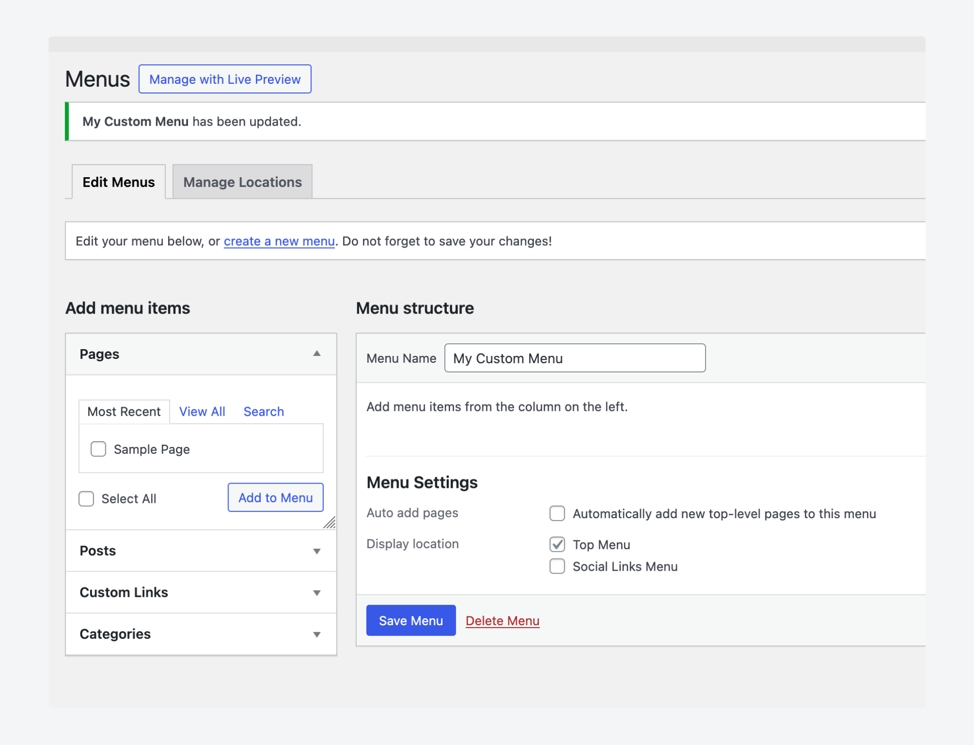 Creating a custom menu in WordPress dashboard