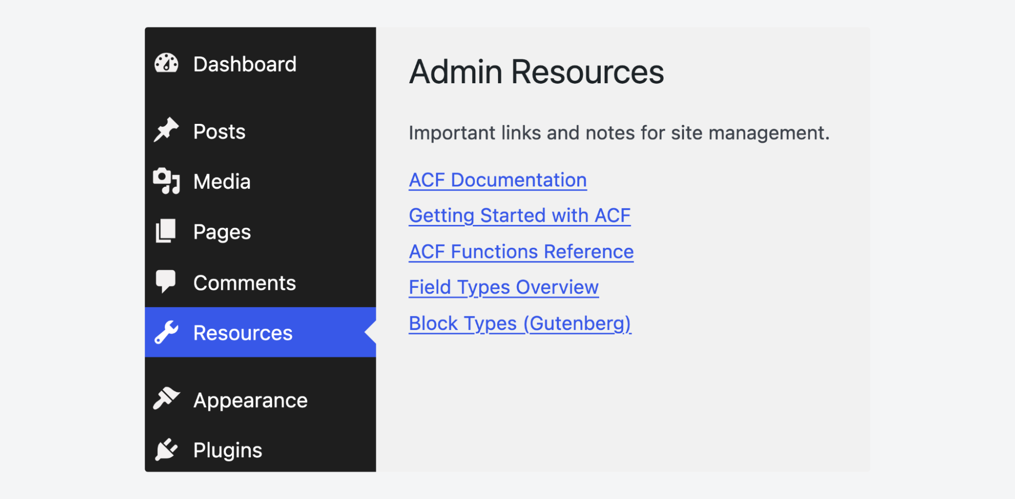 A custom menu of ACF resources
