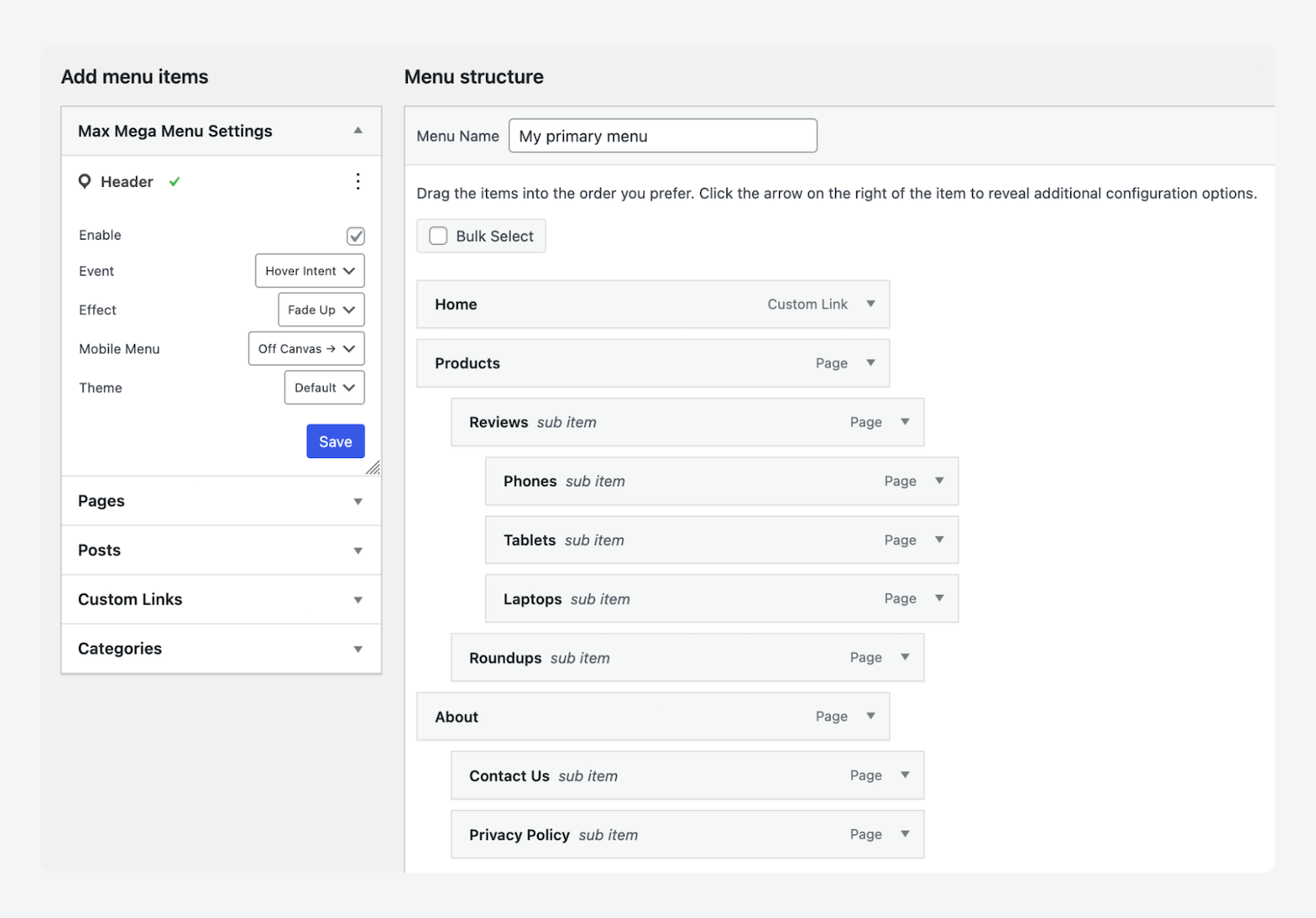 A custom menu structure for Max Mega Menu
